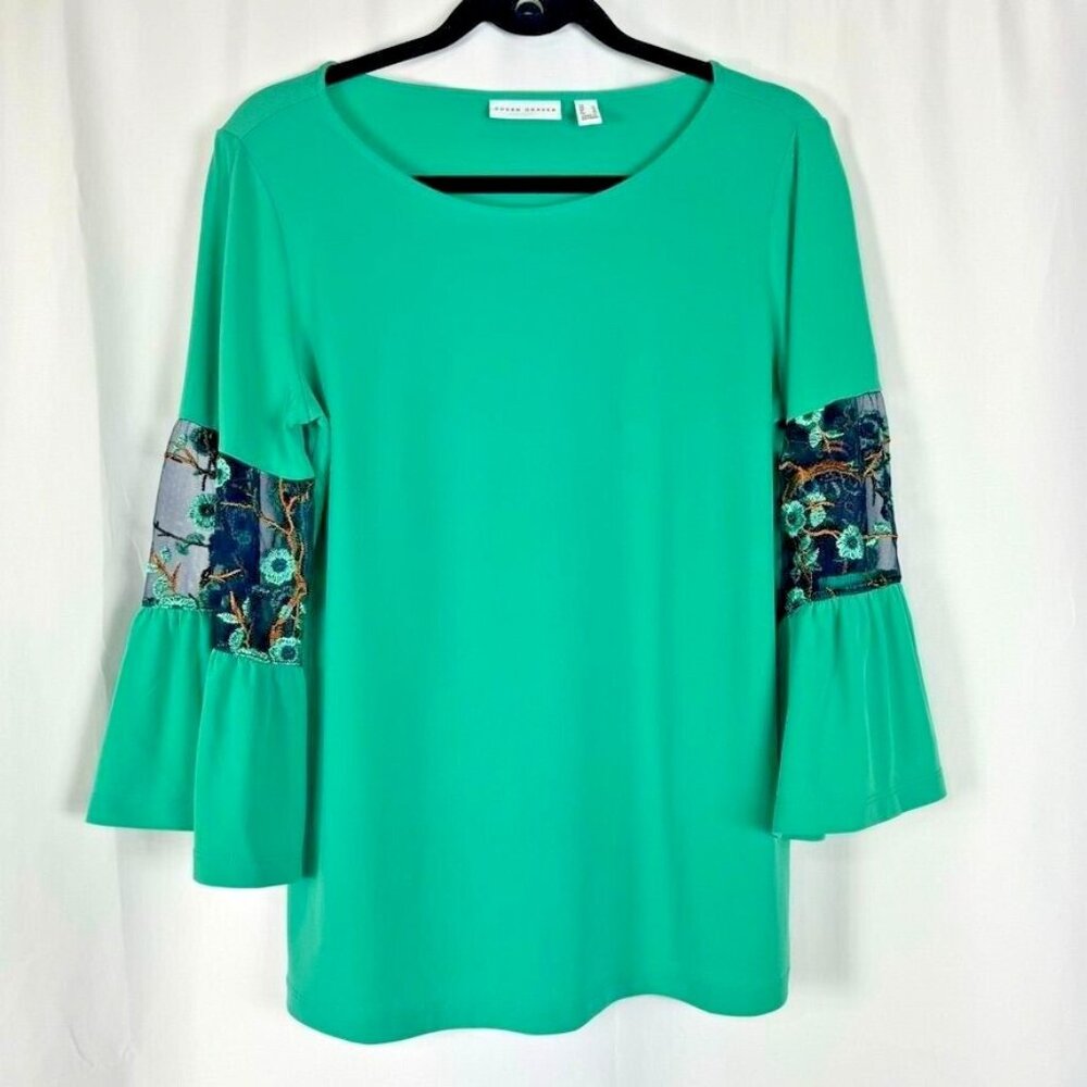 Susan Graver Green Bell Sleeve Top Embroidered Mesh Lace Insets Romantic S